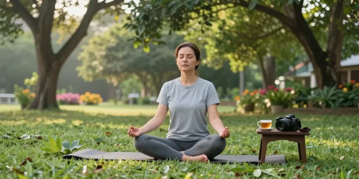 Mindful person practicing yoga outdoors with Sumatra Kratom from behappygoleafy.com/sumatra-kratom, surrounded by nature's vibrant tranquility.