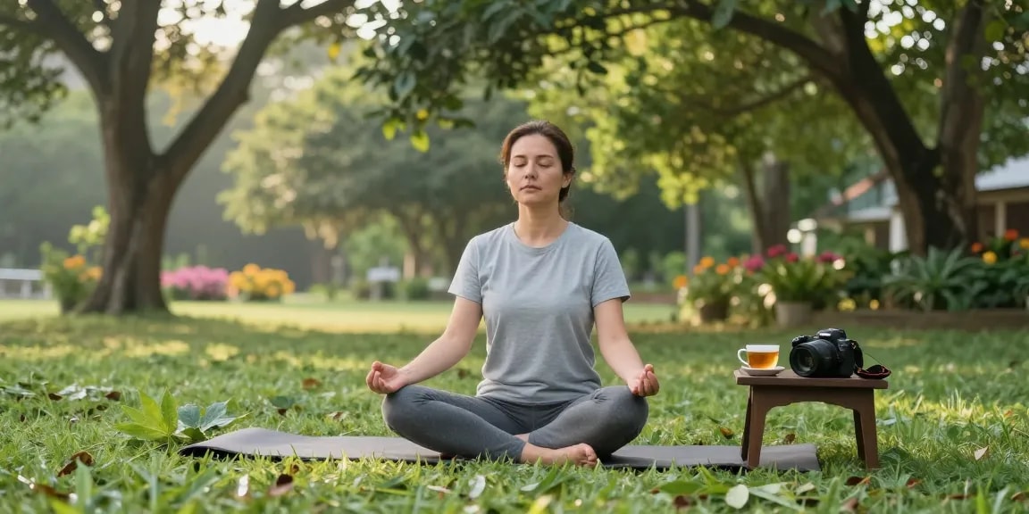 Mindful person practicing yoga outdoors with Sumatra Kratom from behappygoleafy.com/sumatra-kratom, surrounded by nature's vibrant tranquility.