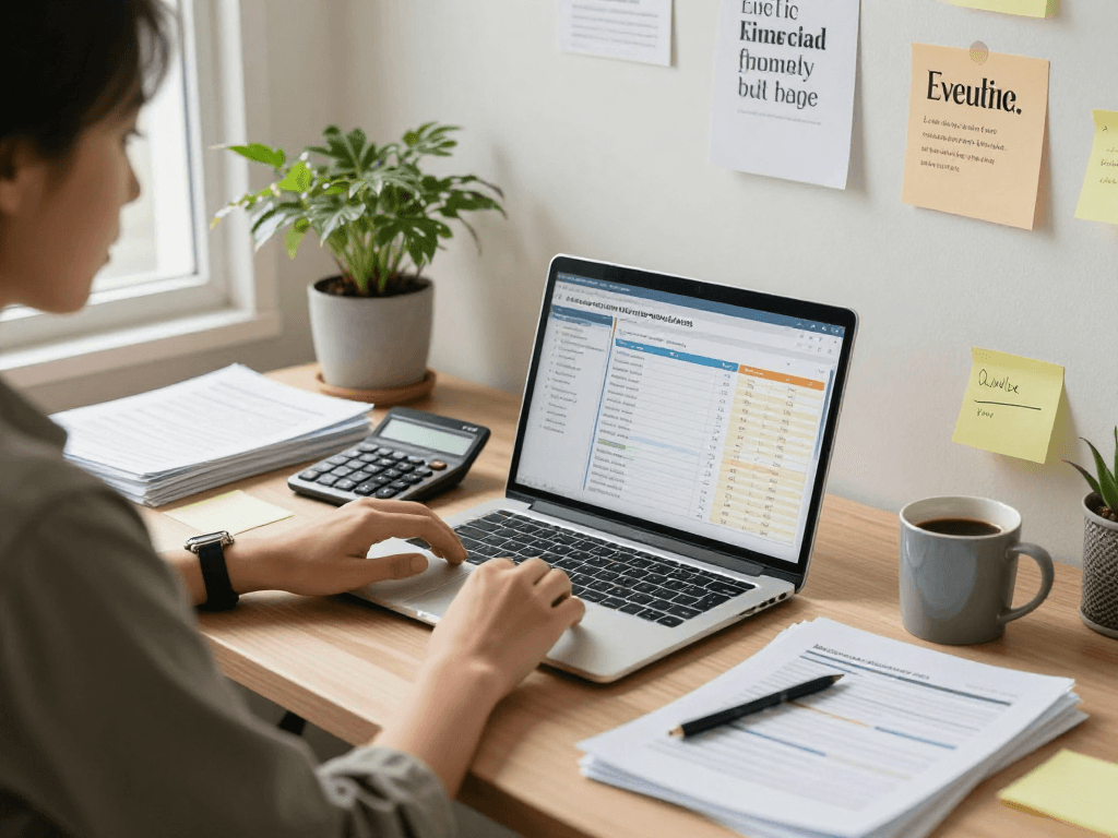 Individual managing debt consolidation in a cozy home office setup, showcasing financial documents and budgeting tools.