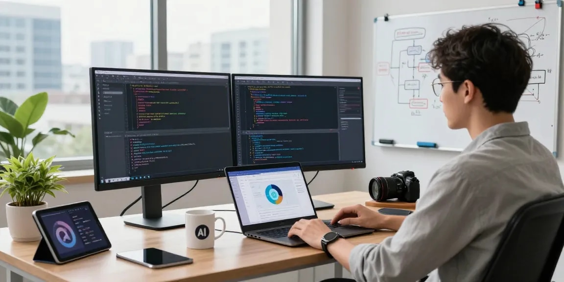 AI agents in a modern workspace with dual monitors showing code and AI models.