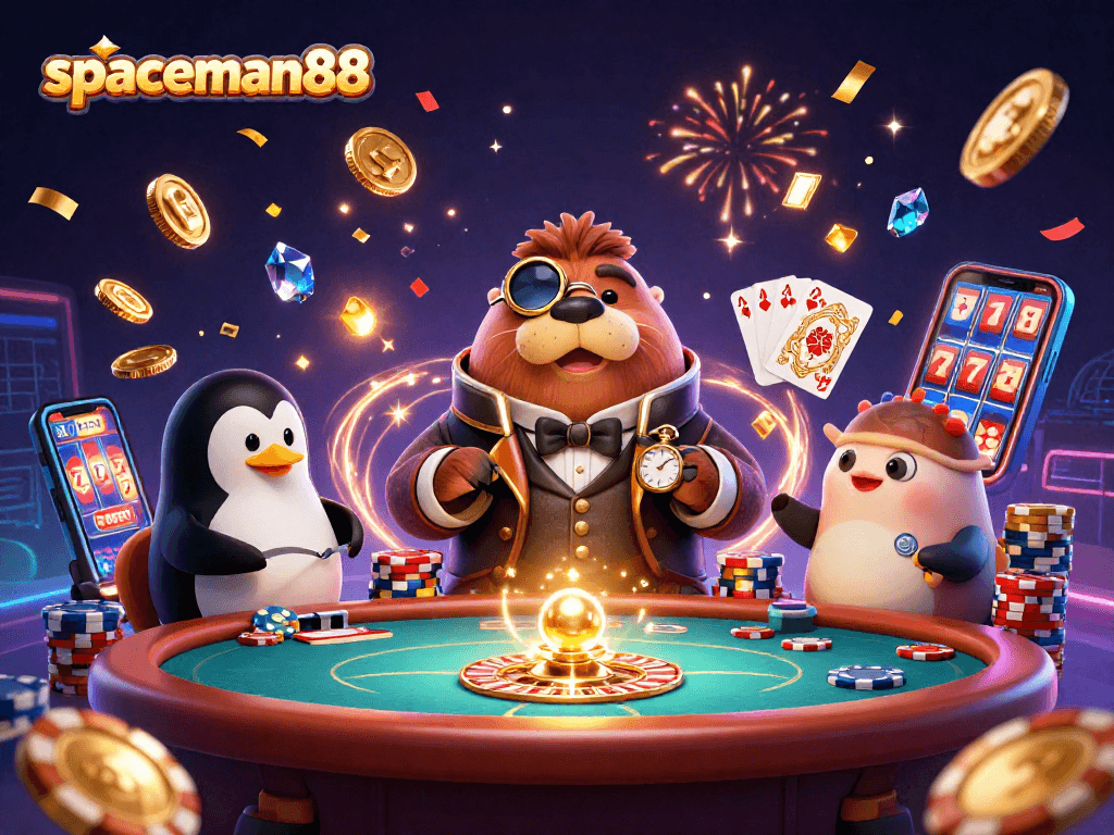 spaceman88 showcases an underwater casino with a walrus, penguin dealer, and a bluffing pufferfish