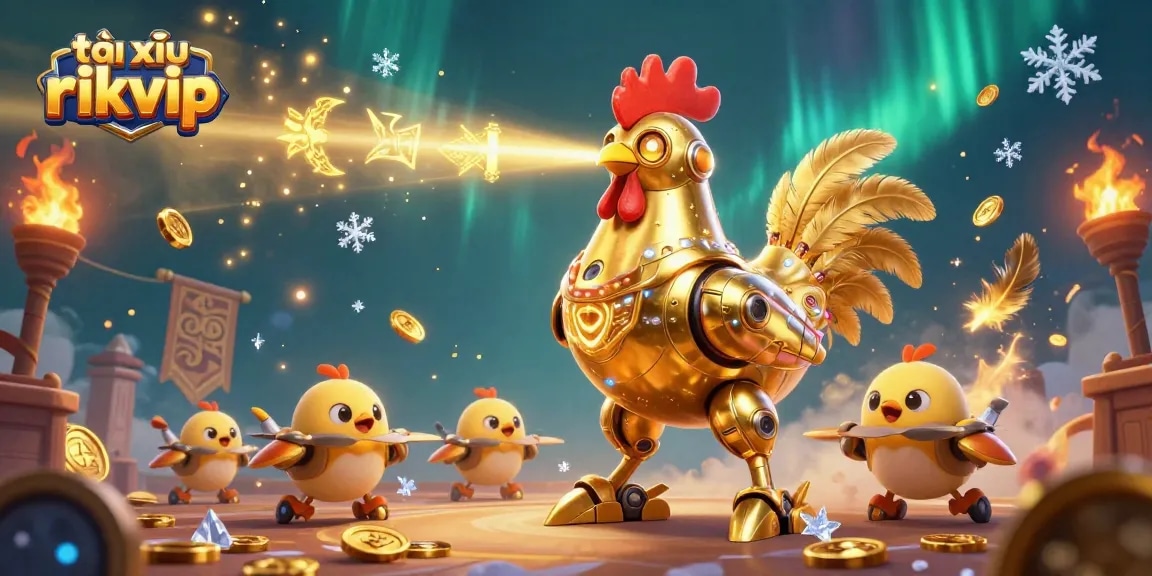 Experience the thrill of tài xỉu rikvip with golden rooster robots and dynamic gaming elements in this vibrant illustration.