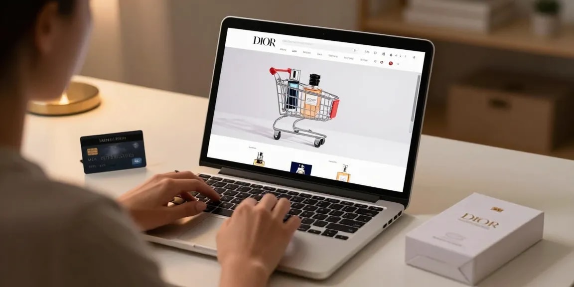 Dior perfume vanilla showcased in an online shopping experience, best deals on fragrance samples.