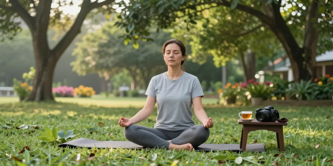 Mindful person practicing yoga outdoors with Sumatra Kratom from behappygoleafy.com/sumatra-kratom, surrounded by nature's vibrant tranquility.