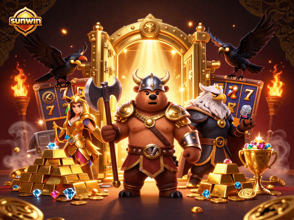 Experience thrilling gameplay with sunwin's Viking-themed casino adventure featuring a bear and majestic eagle.