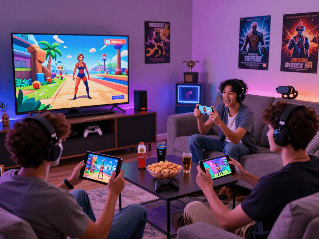 Players enjoying diverse porngames in a cozy gaming setup with vibrant visuals and interactive elements.