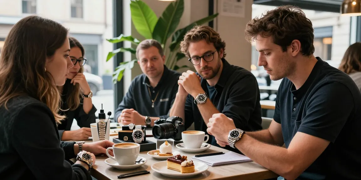 Luxury watch collector showcasing rolex super clone watches in a trendy café setting.