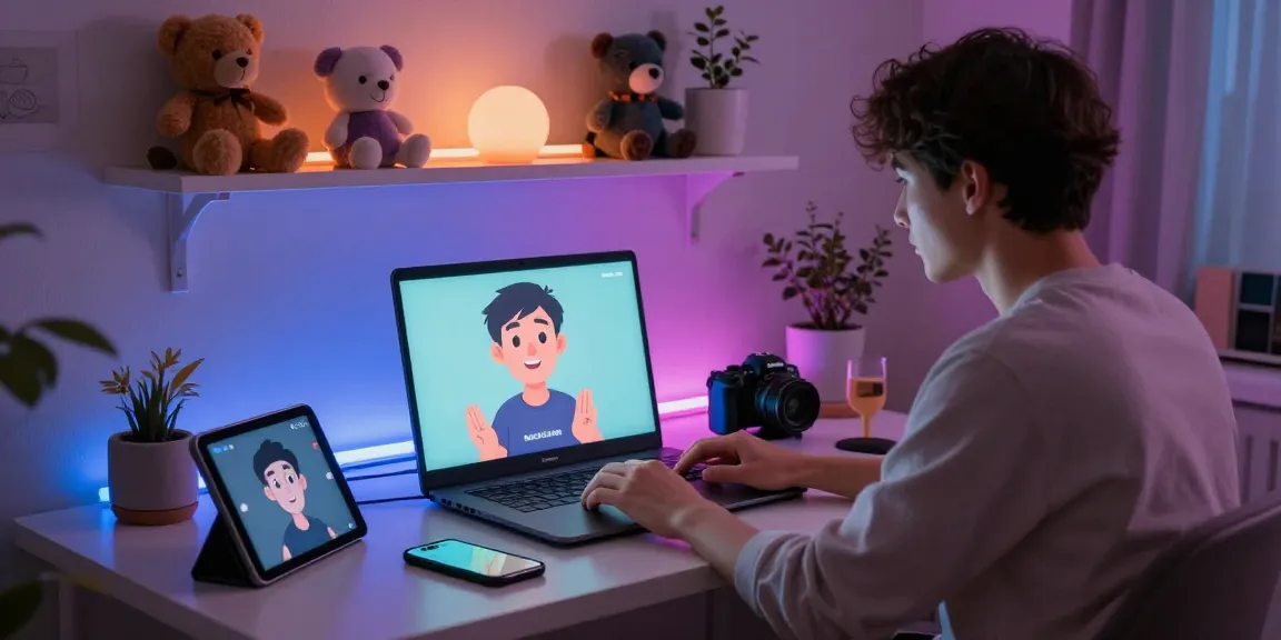 Interactive scene of nsfw ai chat user engaging with an animated character on a laptop in a cozy environment.