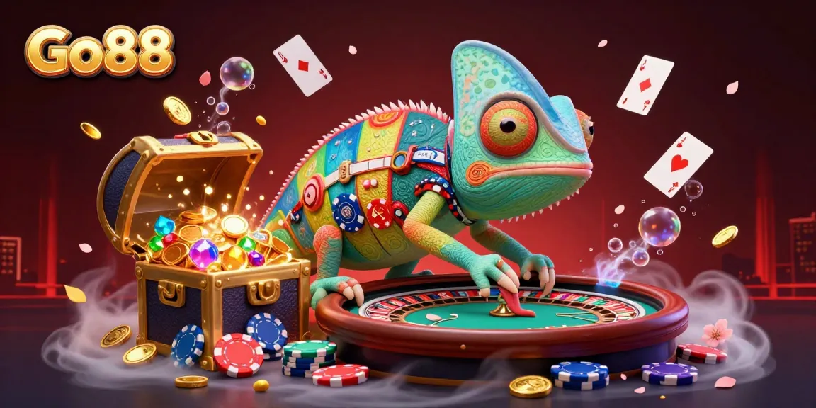 Experience exciting gameplay at Go88 with an enormous chameleon casino owner snapping up coins amidst vibrant game elements