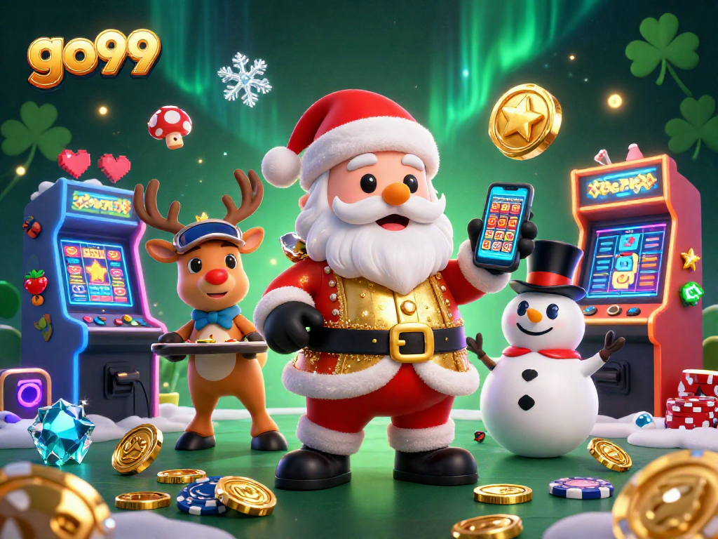 Experience thrilling wins at go99 with festive gaming characters in a lavish casino setting.