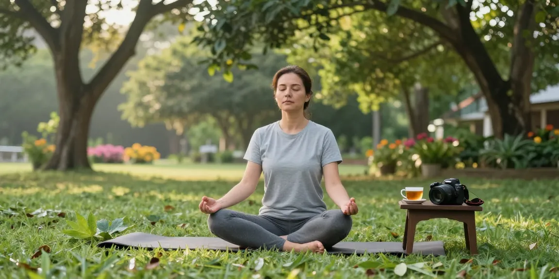 Mindful person practicing yoga outdoors with Sumatra Kratom from behappygoleafy.com/sumatra-kratom, surrounded by nature's vibrant tranquility.