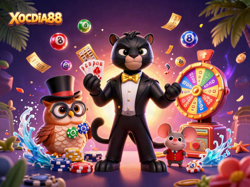 Engage with XOCDIA88 as a stylish panther deals cards among colorful casino elements.