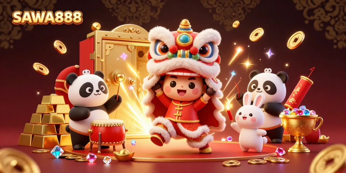 Experience the thrill of winning at SAWA888 with a festive lion dance, treasures, and animated characters.