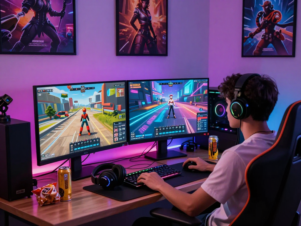 Engaging scene of a gamer experiencing a thrilling 3d porn game in a vibrant gaming setup.