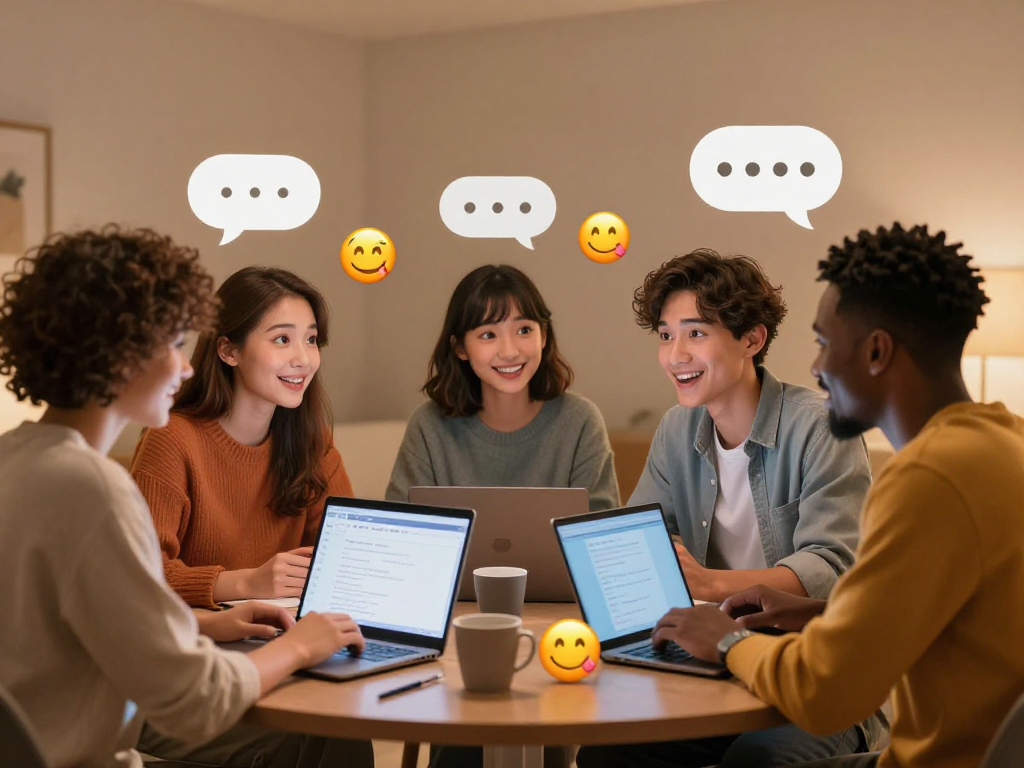 Engaging scene of diverse characters enjoying ai porn chat in a cozy virtual space