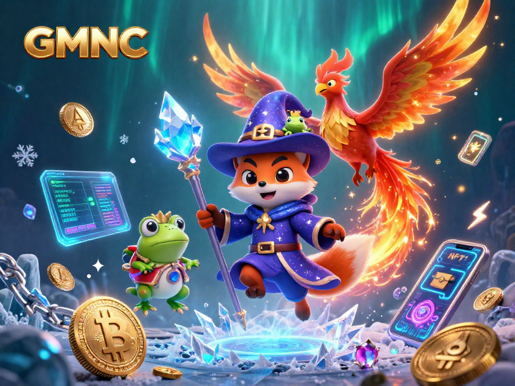 Experience the vibrant world of GMNC with this mesmerizing scene featuring a wizard fox and glowing crypto elements.