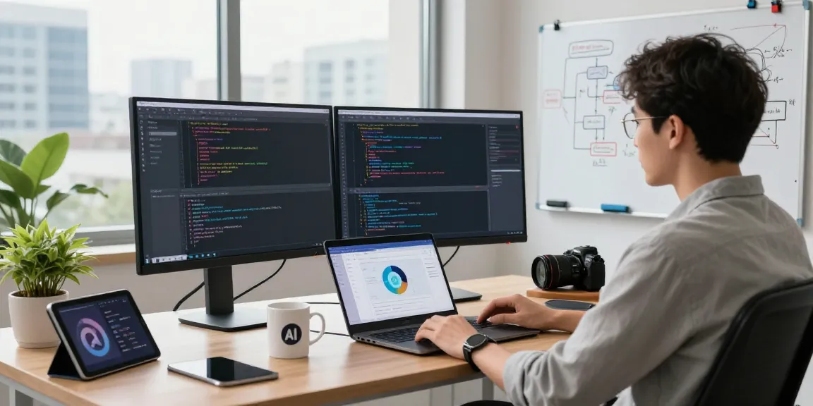 AI agents in a modern workspace with dual monitors showing code and AI models.