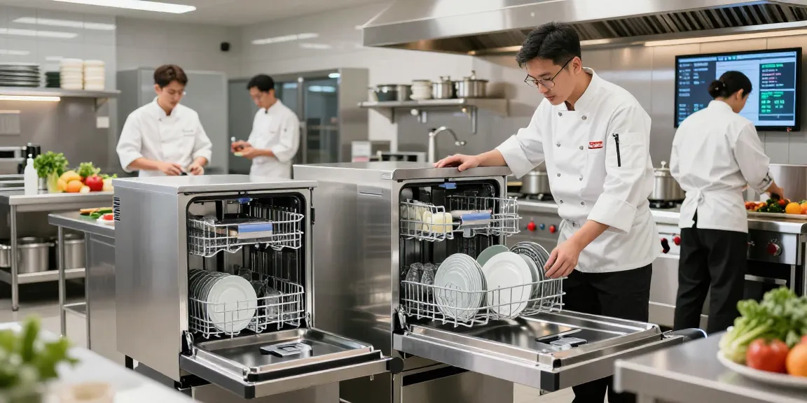 Commercial Dishwashers & Glasswashers in a modern kitchen, highlighting efficient loading processes and teamwork.