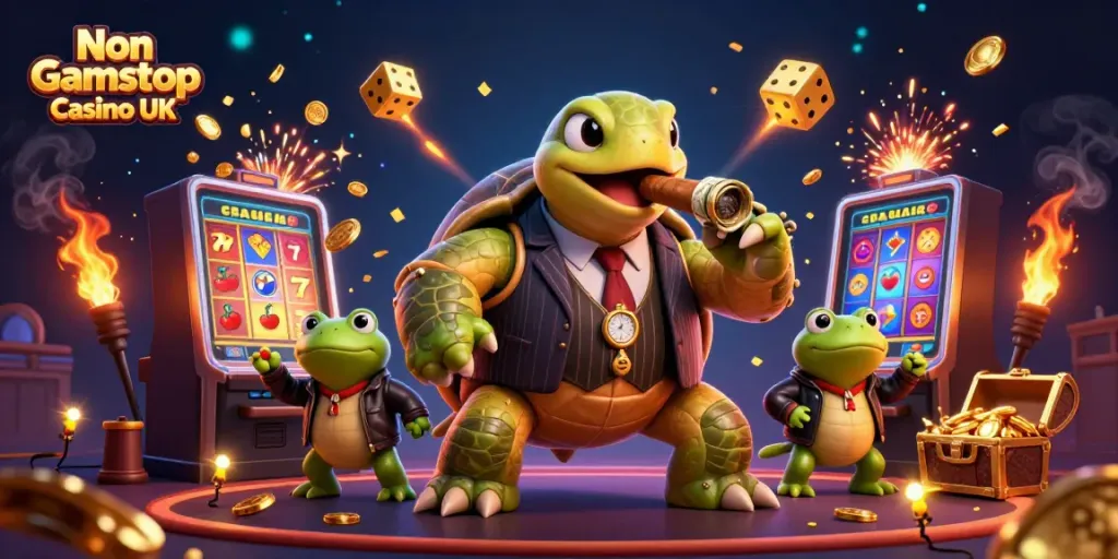 Experience thrilling gaming at Non Gamstop Casino UK with a vibrant scene of a snapping turtle and bullfrog enforcers.