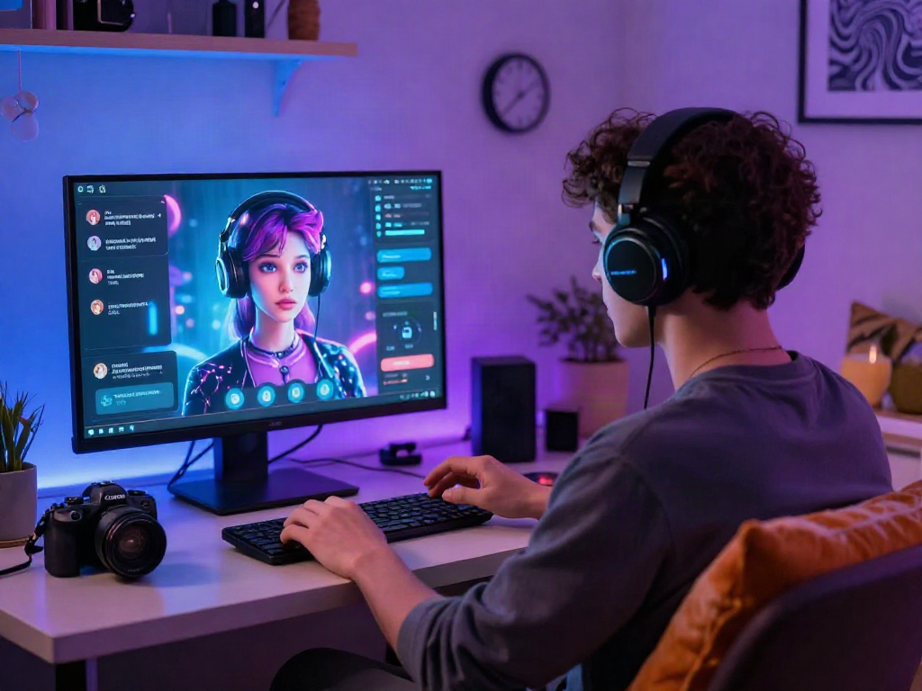 Engaging ai porn chat scene featuring a user interacting with a vibrant AI avatar in a cozy environment.