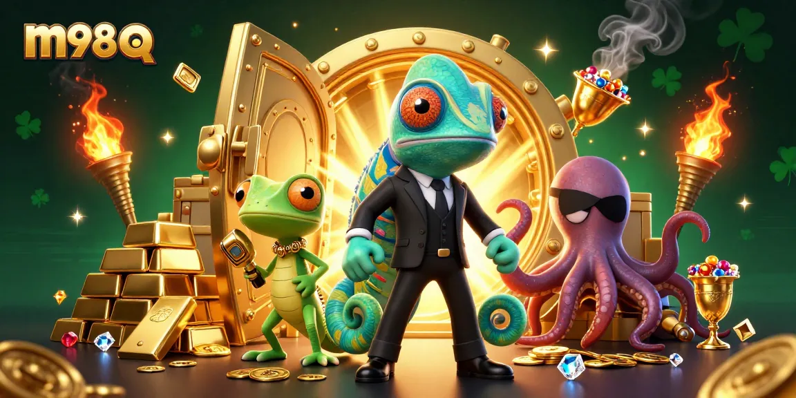 Spin the reels in the vibrant m98 q casino, showcasing golden treasures and action-packed gaming elements.