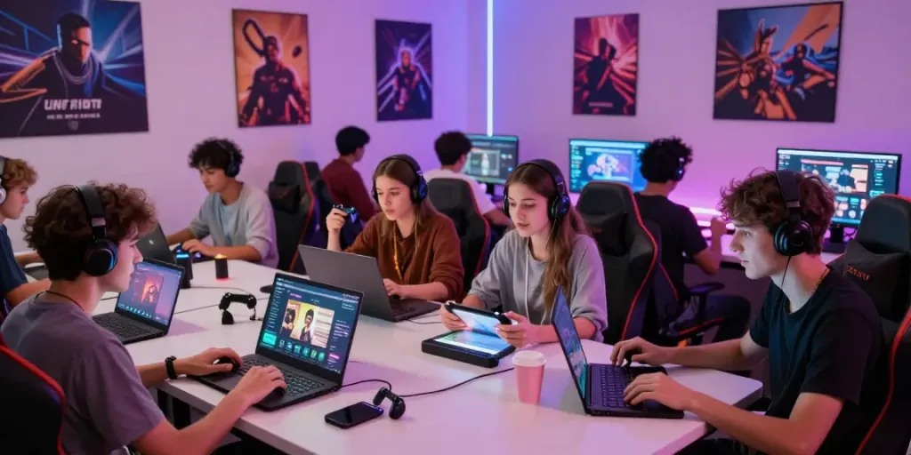 Engaging DEBET online gaming lounge with diverse players immersed in games.