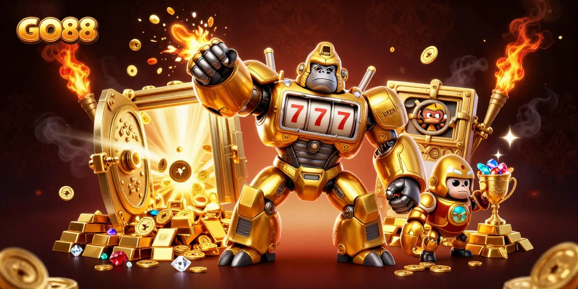 Experience GO88's thrilling world with a dynamic 3D illustration of casino characters and lavish treasures.