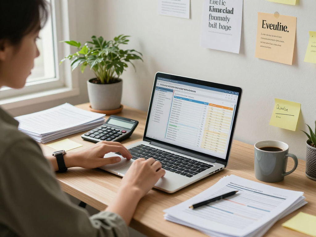 Individual managing debt consolidation in a cozy home office setup, showcasing financial documents and budgeting tools.