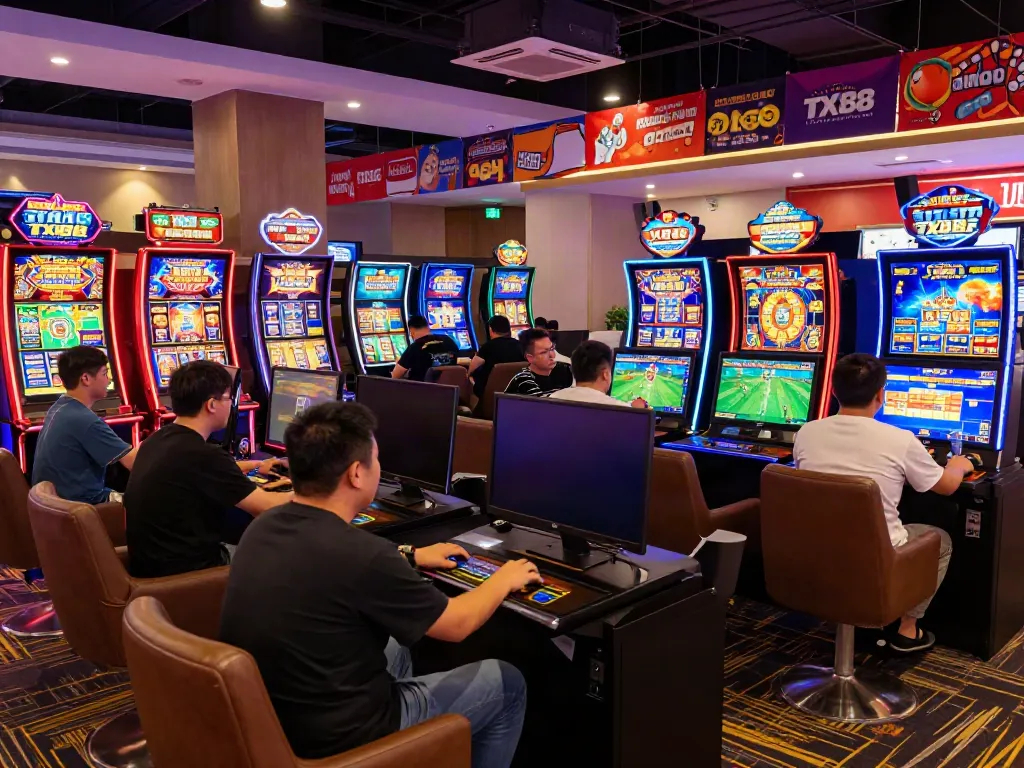 Exciting gaming scene at TX88 with players engaged in diverse online slots and sports betting.