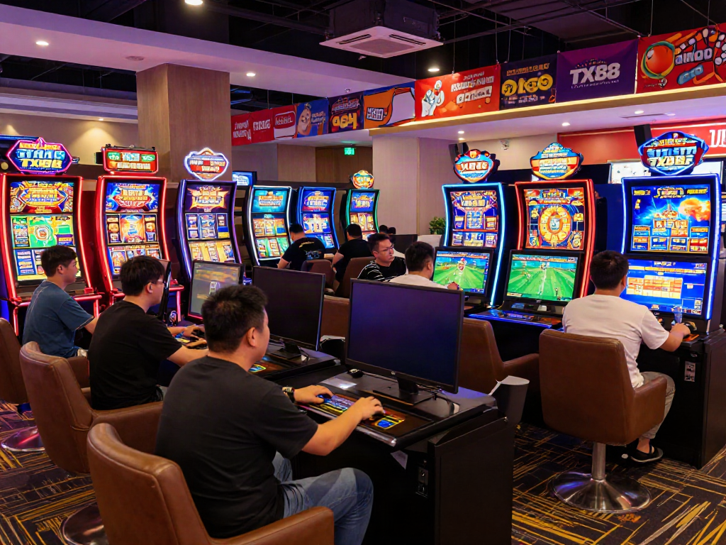 Exciting gaming scene at TX88 with players engaged in diverse online slots and sports betting.
