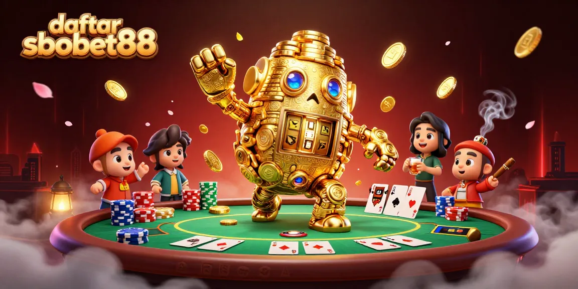 Bet and win at daftar sbobet88 with a dynamic 3D gambling scene showcasing poker and gold.
