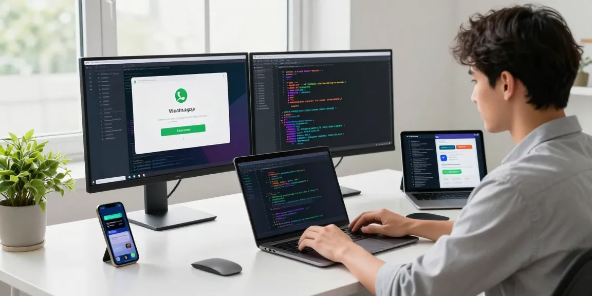 Downloading WhatsApp下載 from a laptop in a modern tech workspace