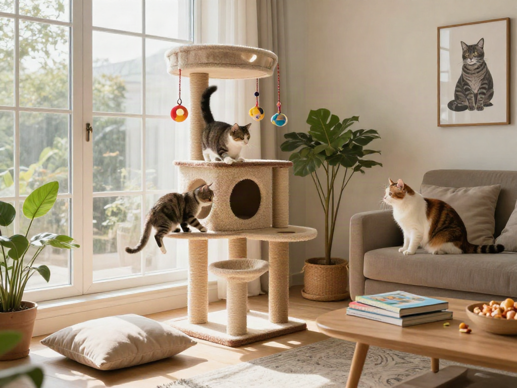 Engaging scene of cats playing on stylish cat trees in a bright living room, promoting pet happiness.