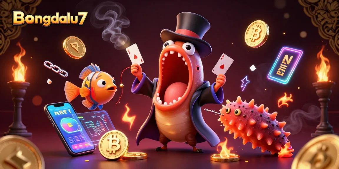 Bongdalu7 showcases a whimsical deep-sea magic act featuring a gulper eel performing card tricks amidst dazzling cryptocurrency elements.