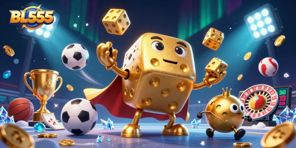 Experience thrilling gameplay with BL555, featuring a golden dice golem and exciting sports elements.