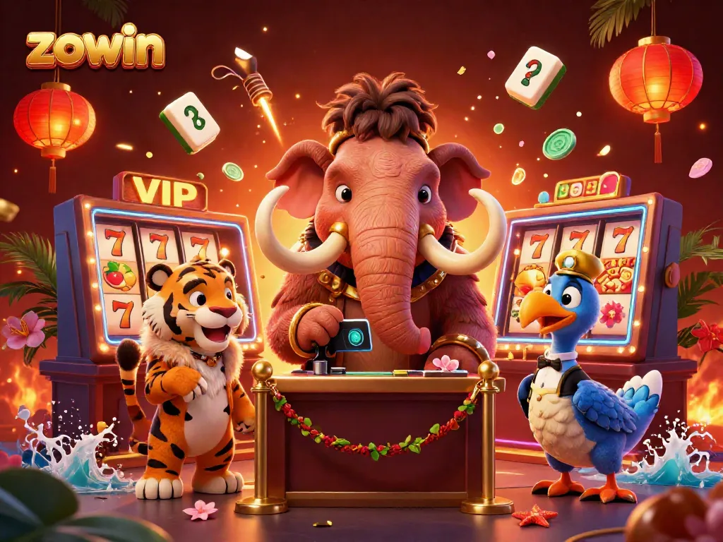 Zowin's vibrant casino scene showcases a woolly mammoth bouncer checking IDs with a saber-tooth tiger guest.