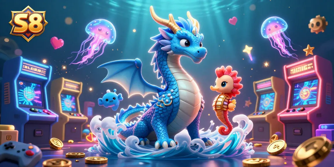 Experience captivating adventures in S8 with an azure water dragon and seahorse knight amidst neon lights and casino themes.