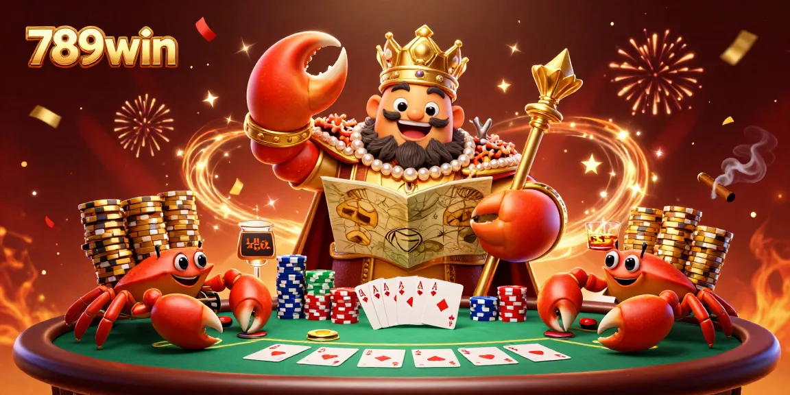 Engage with 789win's vibrant casino scene featuring a golden crab emperor amidst poker excitement.