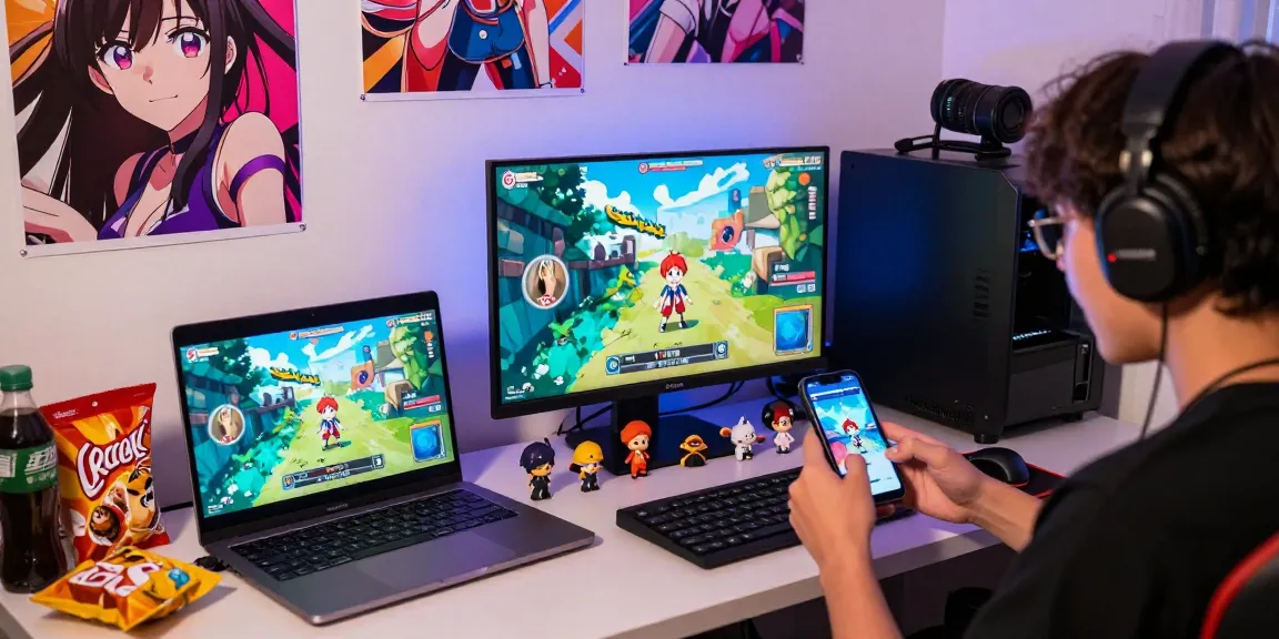 Player immersed in ecchi games on laptop and mobile, vibrant anime decor.