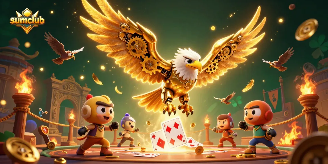 Win big at sumclub with a cybernetic eagle soaring through a dazzling casino-themed scene.