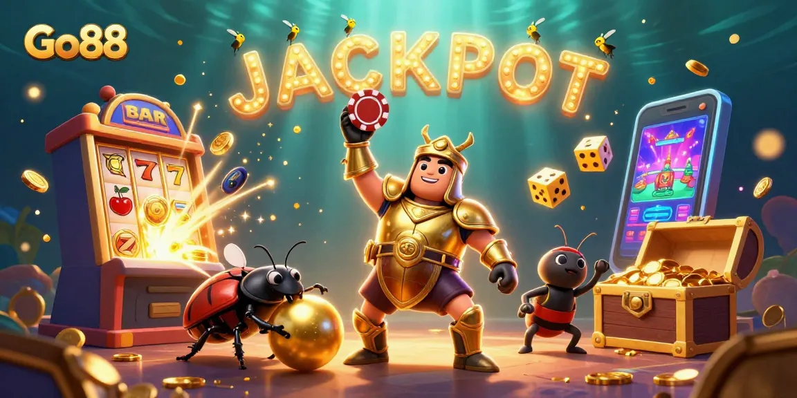 Experience thrilling gameplay at Go88 with a victorious beetle lifting a poker chip and celebrating with vibrant casino elements.