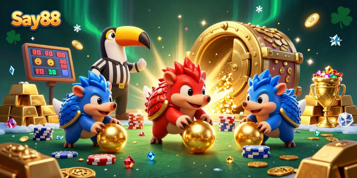 Experience the thrill of gambling with Say88 as pangolins roll through poker chips in a vibrant casino scene.