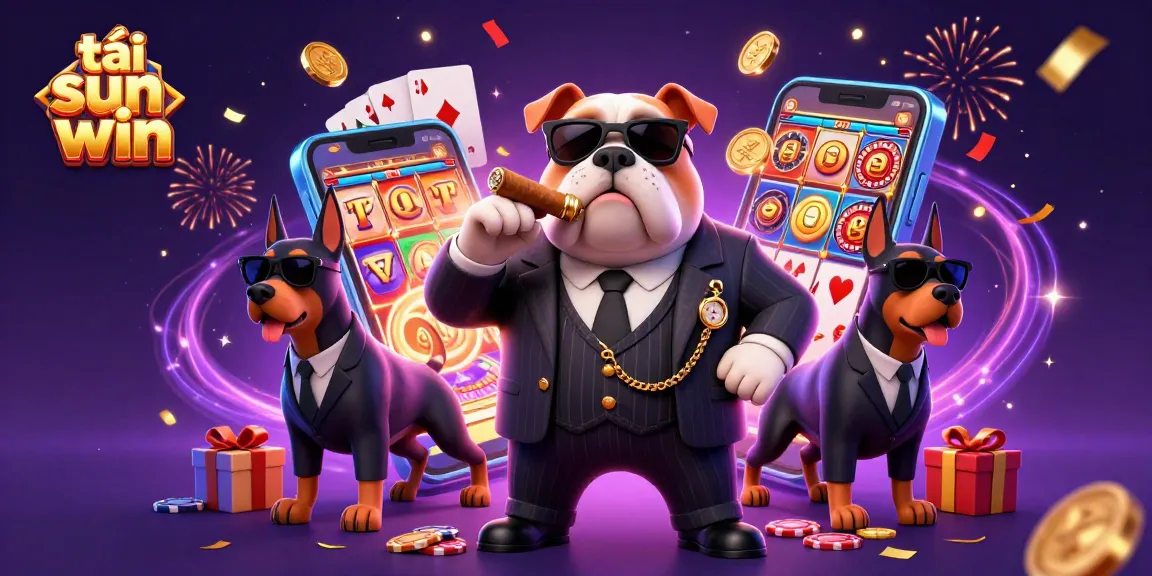 Engage with the excitement of tải sun win, showcasing a vibrant casino-themed scene with a bulldog and Doberman characters.