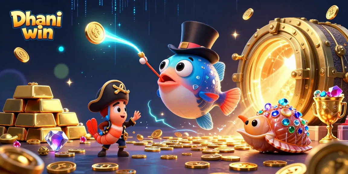 Dhani win offers thrilling gameplay with a vibrant 3D illustration of unique sea creatures winning golden treasures.