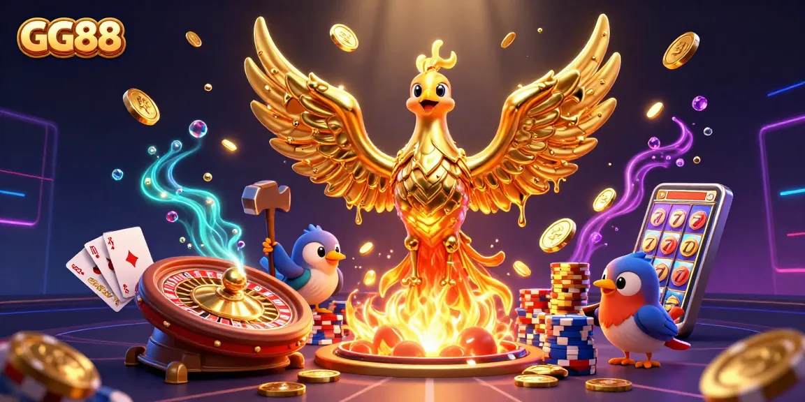 Experience the thrill of winning at GG88 with golden phoenix emerging from coins and dynamic casino elements.