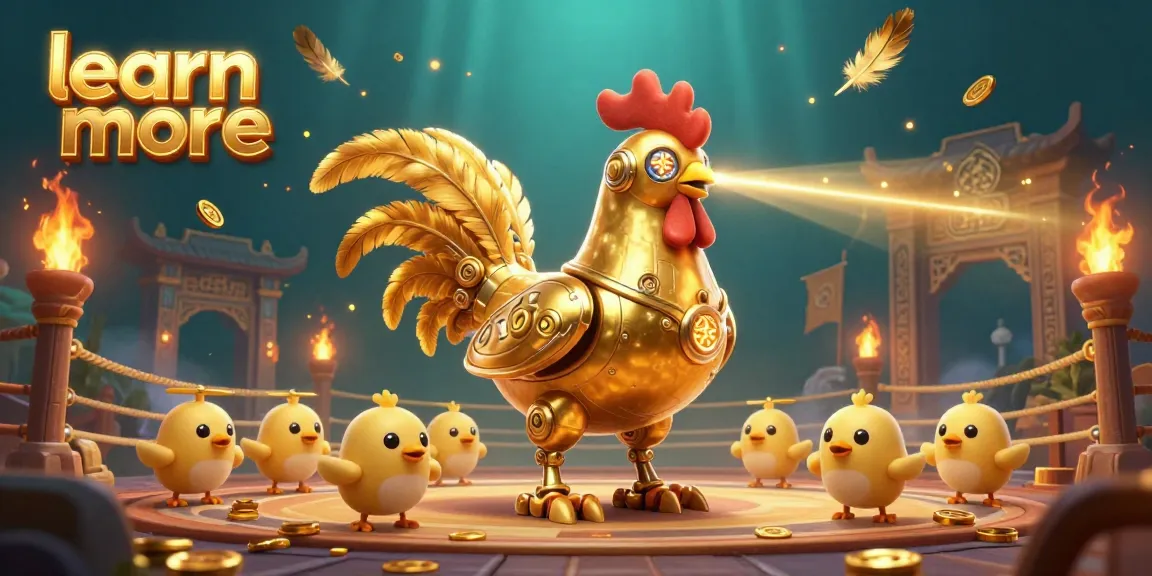 Learn more about non-GamStop casinos in an engaging 3D scene with a golden rooster robot.