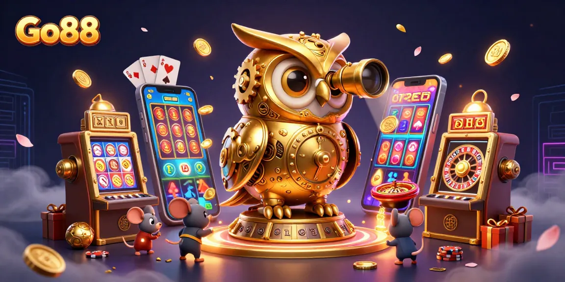 Engage in thrilling play with Go88, where a golden owl oversees a vibrant casino scene full of excitement.