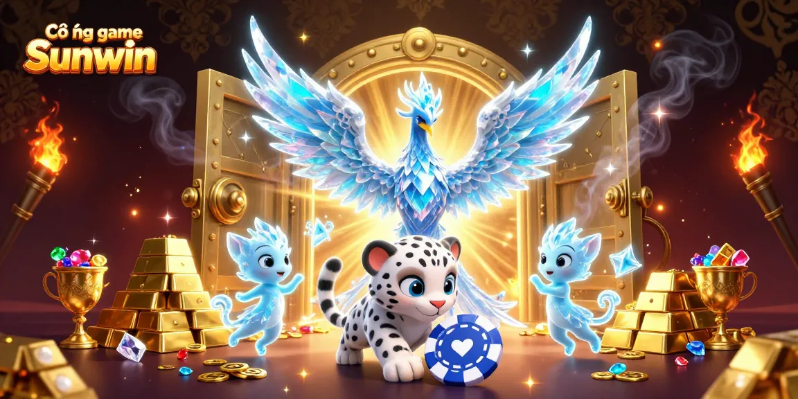 Cổng game Sunwin offers visual excitement with a magical 3D illustration featuring a phoenix, ice sprites, and treasure.